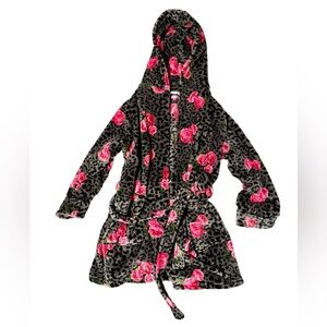 Betsey Johnson Y2K Leopard Rose Hooded Bathrobe XS Small Plush Cozy